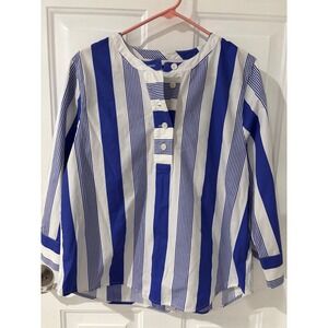 J.Crew Blue White Striped Popover Blouse Womens Medium Nautical Preppy